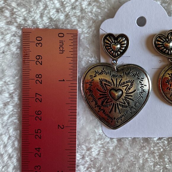Sacred Heart Southwestern Style Oversized Earrings in Faux Tarnished Silver - Picture 4 of 4